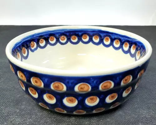 Vintage Boleslawiec Polish Pottery Bowl 7" Blue & Rust Brown Peacock Eyes N3