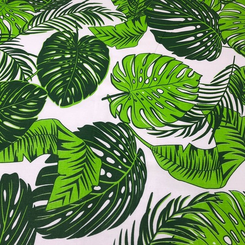 LARGE PRINT DARK GREEN TROPICAL LEAVES ON WHITE 100% COTTON FABRIC per metre - Picture 2 of 3