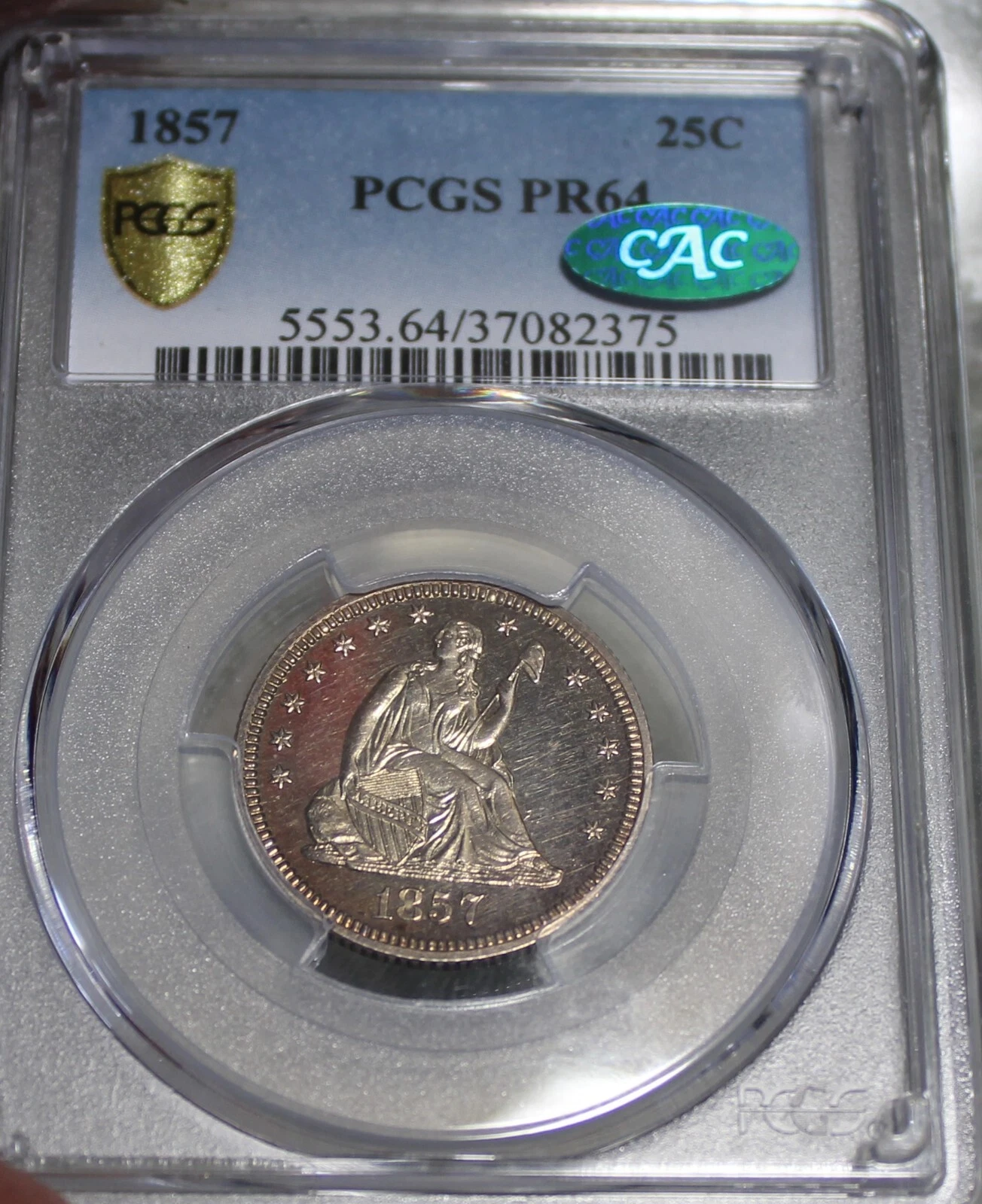 1857 Proof Liberty Seated Quarter PCGS PR64 CAC Rare 30 Total Mintage US Coin