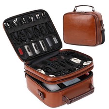 Large Double Layer Waterproof Travel Electronics Tech Organizer Bag Brown