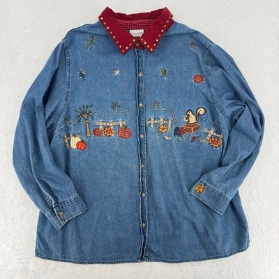 Vintage 90s Embroidered Denim Shirt Fall Squirrel Pumpkins Cottagecore Sz 18/20