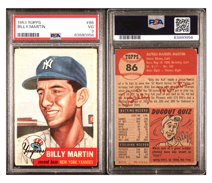 1953 TOPPS BILLY MARTIN BASEBALL CARD*# 86 PSA 3 *BRIGHT VIVID COLOR* AGG CARDS