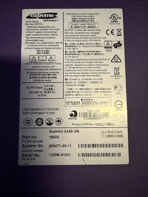 Extreme Networks 16503 Summit X440-24t 24 Port Gigabit Stackable Ethernet Switch - Image 3 of 4