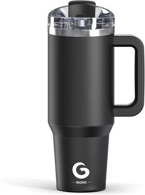 Edelstahl Trinkflasche mit Strohhalm und Deckel, 1,2 L, Thermobecher, Schwarz