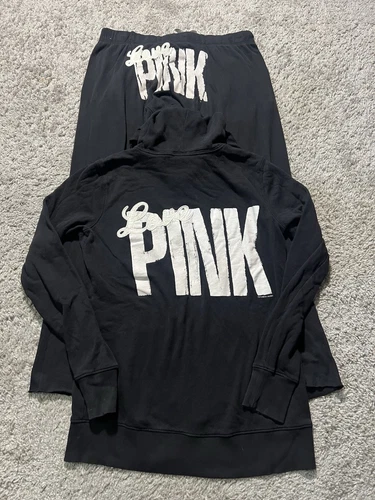 UNDERCOVER Y2k Victoria Secret Sweat Suit Hoodie Jacket Pants Set Zip Front LOVE PINK Dog