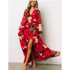 Baltic Born Red Floral Maxi Dress Long Sleeve Wrap Gown Burgundy Small