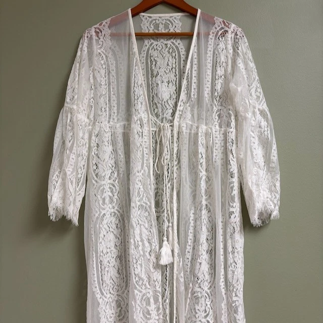 Womens White Lace Long Duster One Size Sheer Tassels Dainty Coquette Wedding - Image 2 of 4