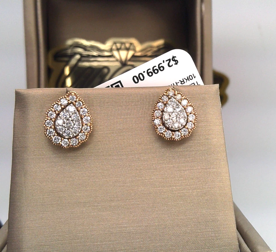 $3000💥10k Oro ROSA 1/2CTW DIAMANTE NATURAL HALO RACIMO LÁGRIMA PENDIENTES Foto 2 de 4