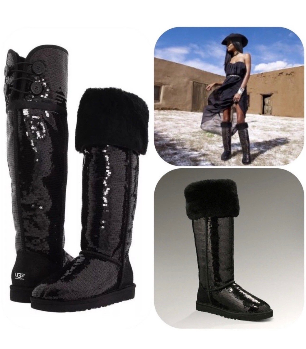 UGG  OVER THE KNEE BAILEY BUTTON SPARKLE 9 BLACK  HOLOGRAM EUC FUR TALL RARE image 10
