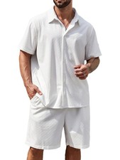 Men's Plus Size 2 Piece Outfits Sweatsuit Button Down Shirt Short Sleeve Top ...