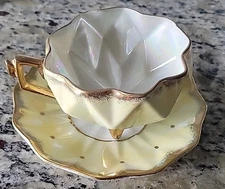 Vintage Royal Sealy Honeycomb Footed Cup And Saucer Japan Yellow  W/ Gold Acc