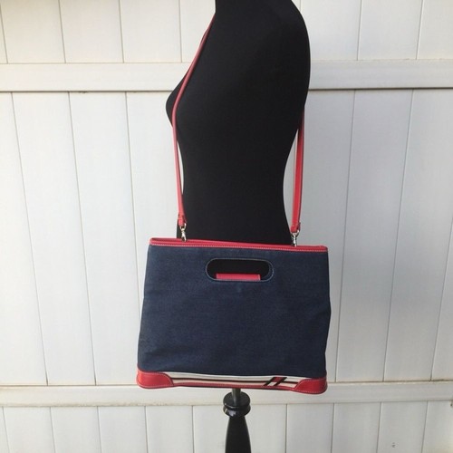 Borsa vintage Tommy Hilfiger Y2K denim borsa messenger in pelle rossa bianca blu USA - Foto 2 di 8