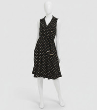 Tommy Hilfiger Women Black Polka-Dot Waist-Tie Sleeveless Collared Dress Sz 14