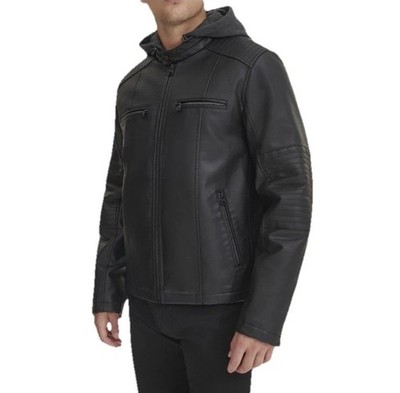 Men's Levi's Black Faux Leather Hooded Racer Jacket- L