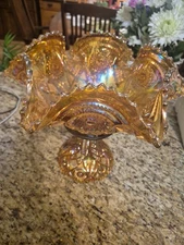 Carnival Glass Compote-Escalloped Ruffle Punch Bowl Set