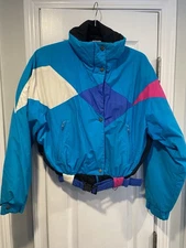 VTG 80s Obermeyer Size 8 Women’s Ski Jacket Colorblock Belted Winter Coat Retro