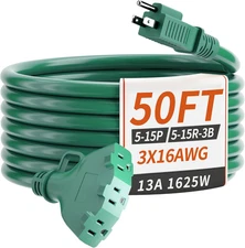 50 FT 16/3 Green Outdoor Extension Cord with 3 Weatherproof Outlets, ETL Listed