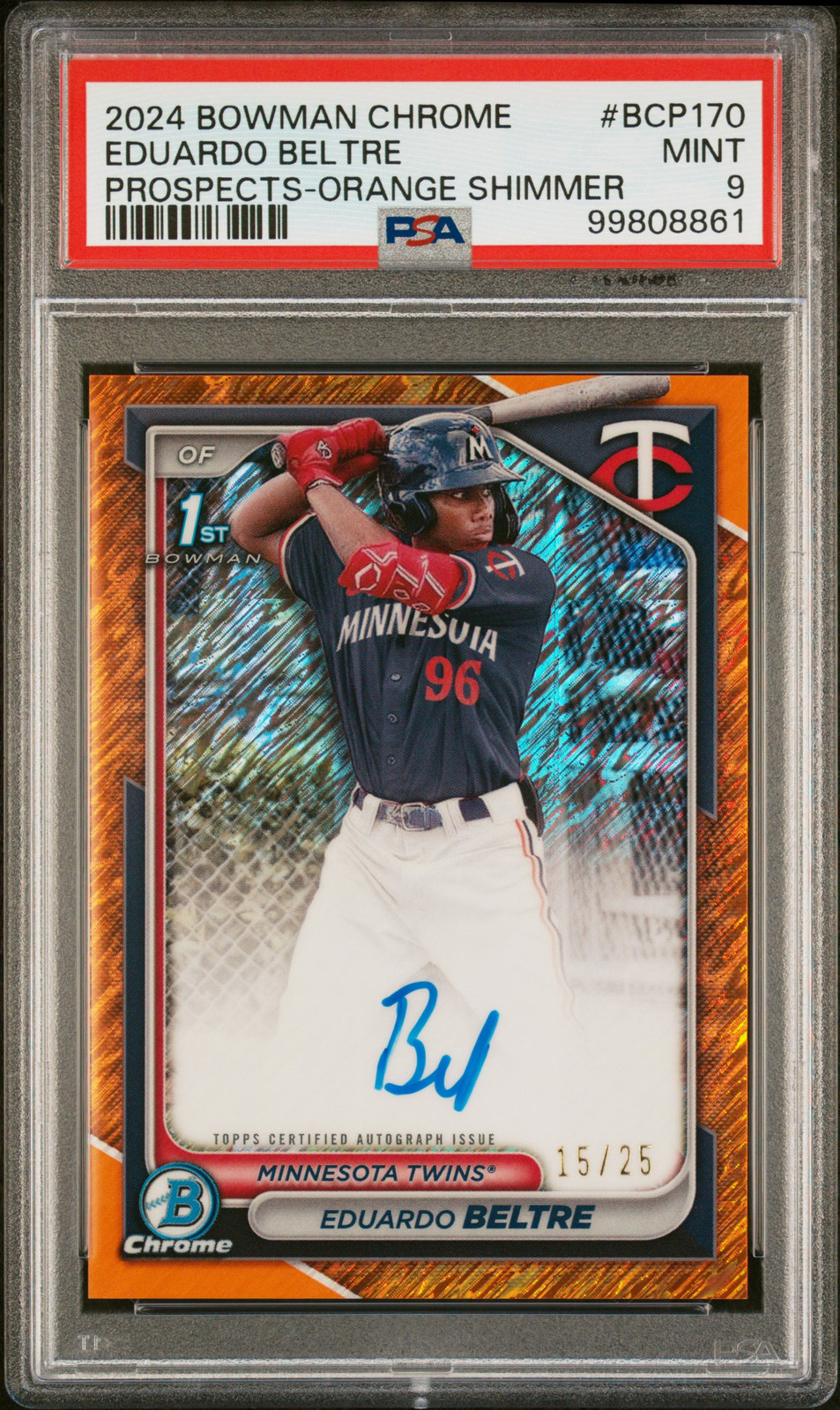 2024 BOWMAN CHROME PROSPECTS ORANGE SHIMMER #BCP170 EDUARDO BELTRE 15/25 PSA 9