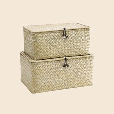 2 PCS Wicker Storage Basket With Lid Seagrass Shelf Organizer Bins Box White