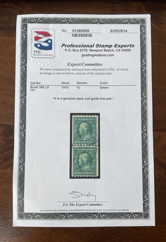US Stamps; Scott #390 GENUINE COIL LINE PAIR 1910 USED WITH PSE CERT. $125 VF - Picture 6 of 9