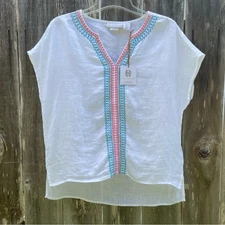 House of Harlow 1960 White 100% Linen Embroidered Boxy Boho blouse size XS 