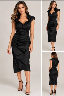 XSCAPE Black Ruffle Neck Ruched Side Party Bodycon Satin Midi Dress Sz 14 - image 1 of 4