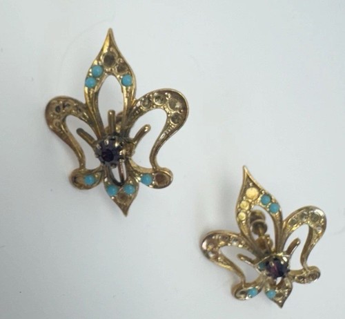 VTG Fleur-De-Lis Clip-On Earrings Gold Tone Turquoise Rhinestones Art Deco Screw - Picture 3 of 8
