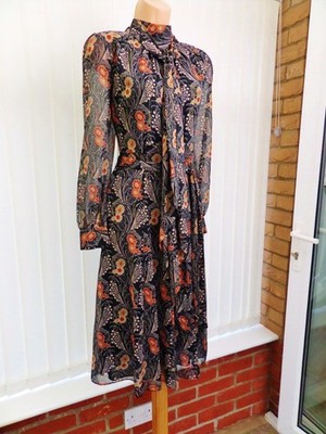 LAURA ASHLEY SCHWARZ ROT GOLD BLUMEN MUSCHI SCHLEIFE CHIFFON MIDIKLEID 12 EINMAL 195 £