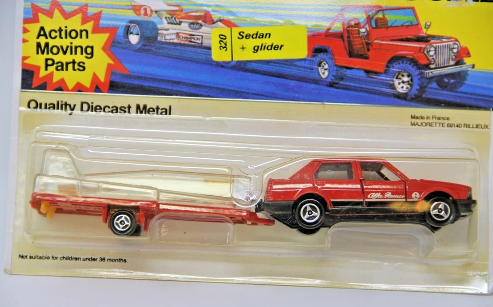 Majorette Rare 1970s Set Sedan Glider Transport Trailer 320 Alfa Romeo New Card - Image 2 of 4