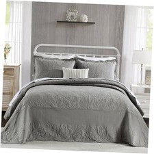 100 Cotton Bedspread, Oversized 120"x120" Gray/Embroidery Botanical Patterns