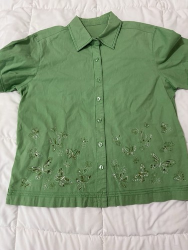 Vintage Green Collared Button Front Short Sleeve Butterfly Embroidered Top L