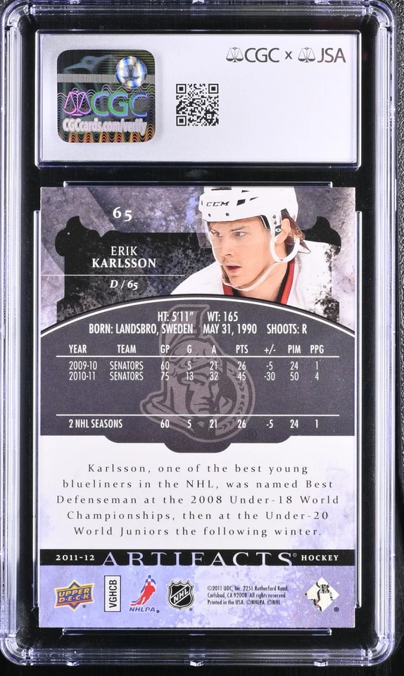 ERIK KARLSSON SIGNED 2011-12 UPPER DECK ARTIFACTS CARD #65 CGC AU JSA 10 AUTO - Image 2 of 2