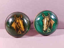 Vintage Bridle Rosette Pair Domed Glass of Horse Heads on Green