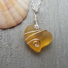 Hawaiian Jewelry Sea Glass Necklace, Wire Heart Necklace Yellow Necklace, Sea