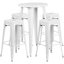 24'' Round White Metal Indoor-Outdoor Restaurant Bar Table Set w/4 Barstools