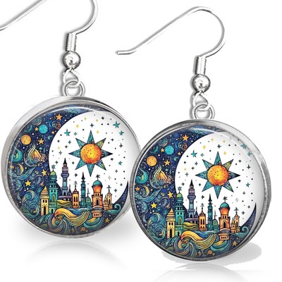 Celestial Dangle Earrings Sun Crescent Moon Town Storybook Fantasy Illustration
