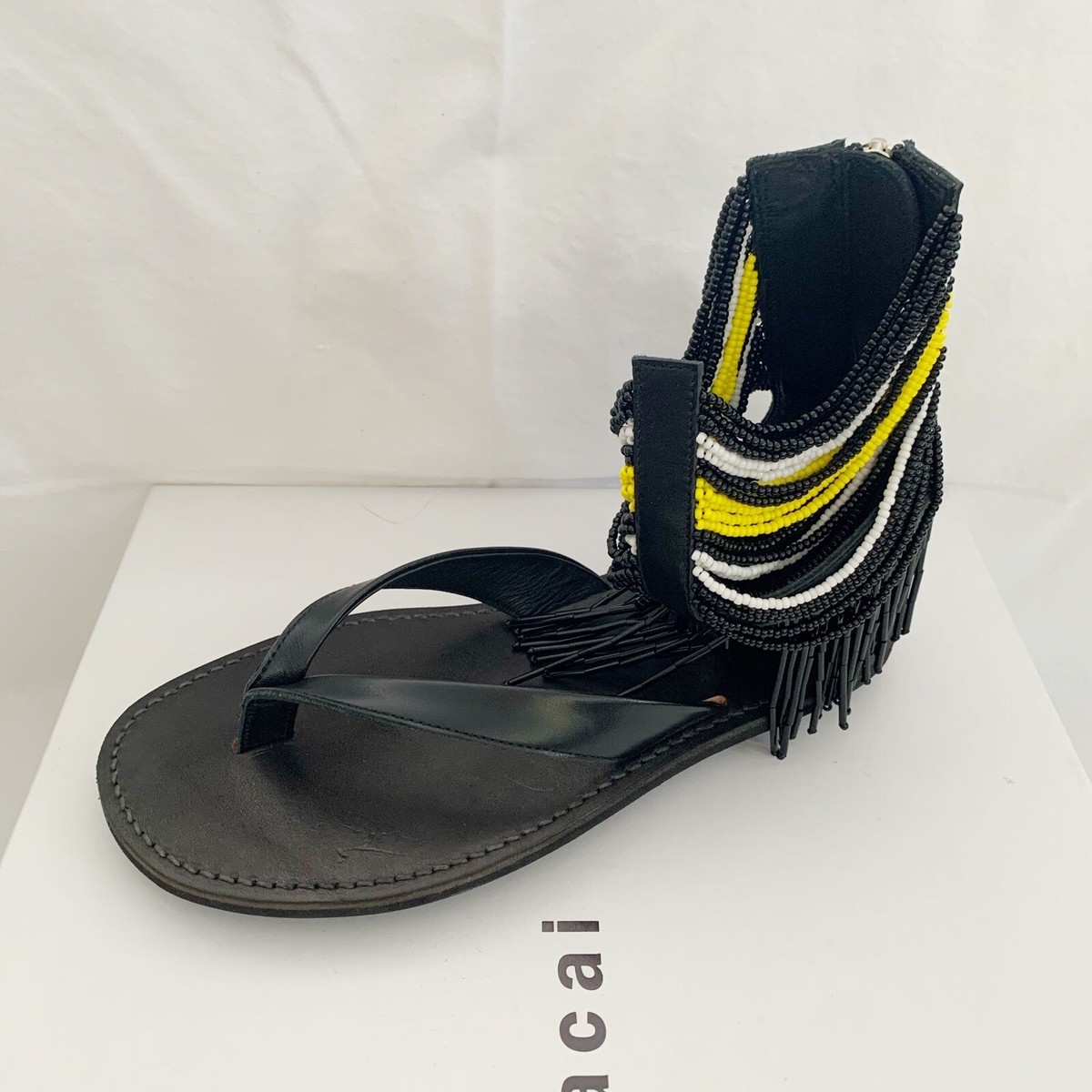 Sacai Black Leather Beaded Fringe Sandals Sz 38 | eBay