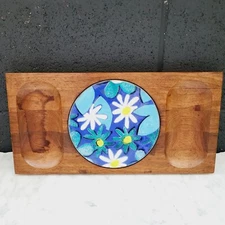Vintage MCM Bey-Cor Teak/Enamel Cheese Board Serving Tray With Flowers Daisy USA