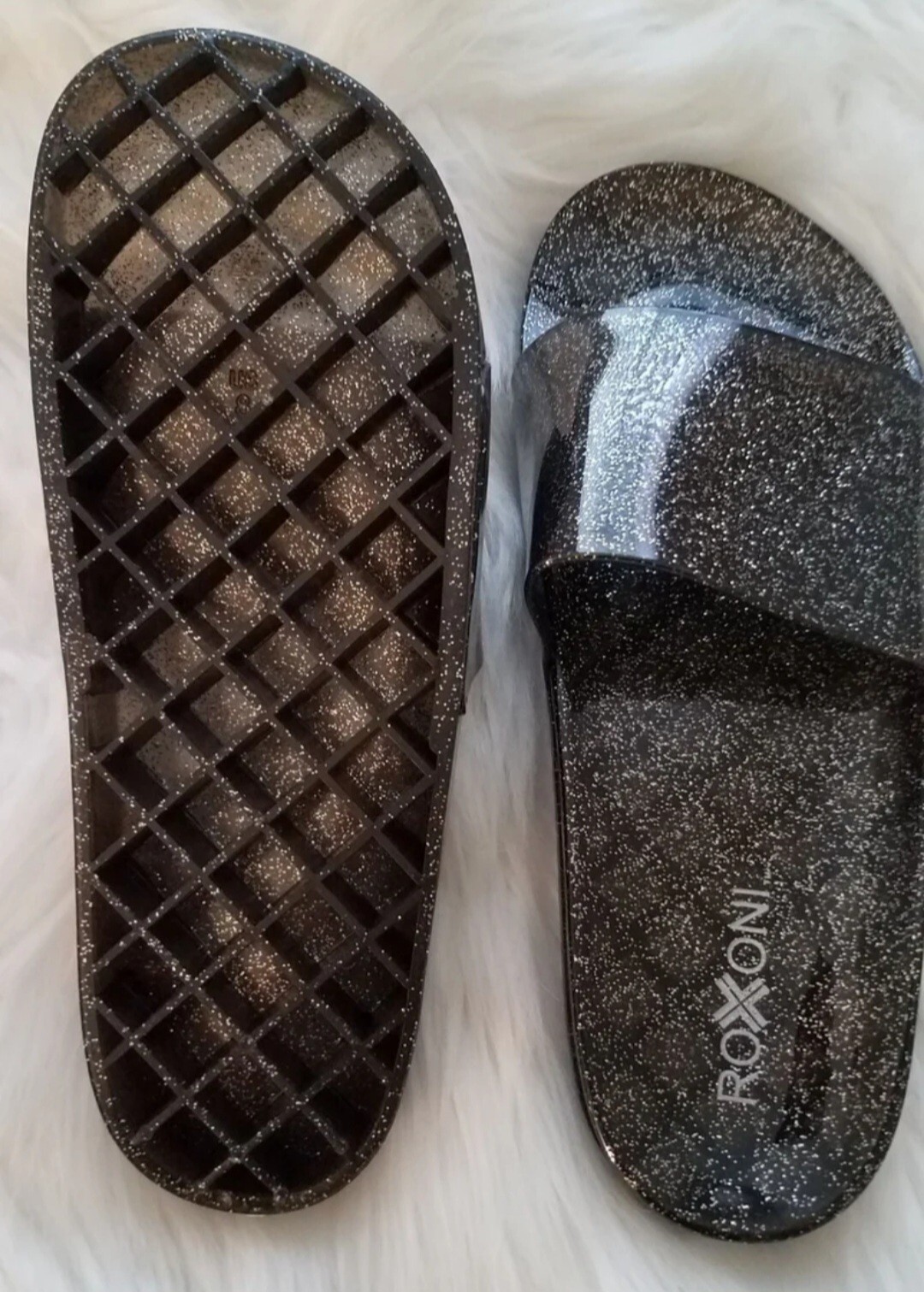 Roxoni BLACK Silver Shimmer Sparkle Glitter Jelly Slides Sandals Rave Festival 8