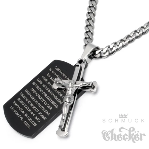 Stainless Steel Cross DogTag Prayer Jesus Holy Silver Black Curb Chain Necklace