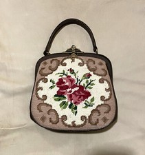 PERFETTA-BORSA A MANO CON RICAMO MEZZO PUNTO FIORE E FINITURE IN PELLE - VINTAGE