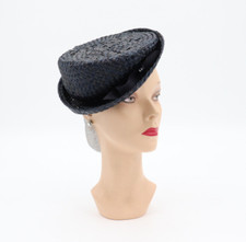 Vintage Navy Blue Tilt Hat with Bow - 1940s 1950s Straw Tilted Cap - Union Made