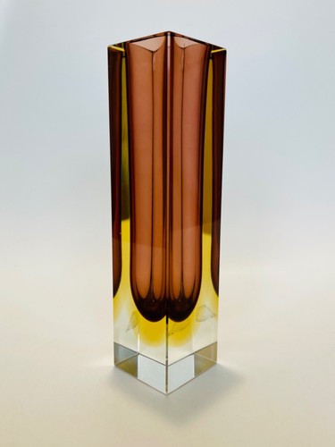 Vintage Oball Murano Sommerso Square Glass Vase Amber & Yellow 20cm - Picture 19 of 21