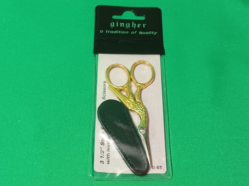 Gingher Gold Stork G-ST Embroidery Scissors 3 1/2", Leather Case. Gold Plated - Picture 3 of 9
