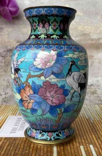 RARO bellissimo vaso Cloisonne con gru e design floreale - Grande qualità! - Foto 3 di 4