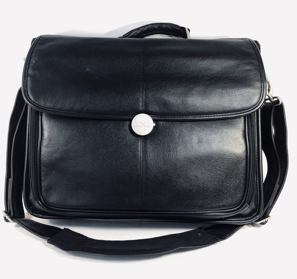 DELL Laptop Black Leather Messenger Notebook Bag with Adjustable Strap