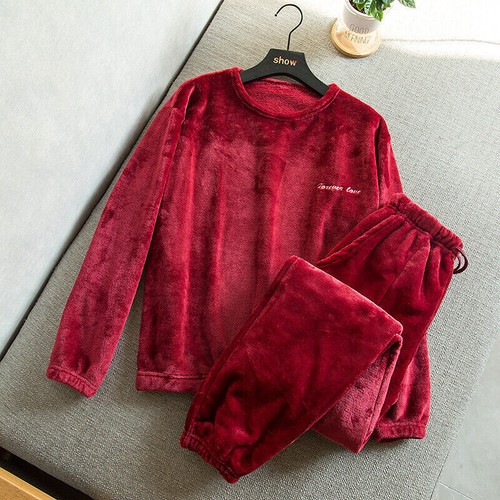 Herren Nachtwäsche Pyjama Set Flanell Koralle Fleece Pullover Oberteil Langarm Warm Anzug - Bild 5 von 22