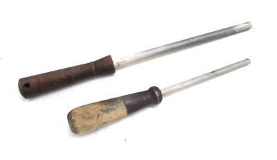 LOT OF 2 WOOD HANDLE, ALUMINA CERAMIC SHARP STICK KNIFE SHARPENING HONE