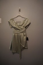 Lulus Mint Green Off Shoulder Asymmetrical Hem Mini Dress Size XS Satin Sage
