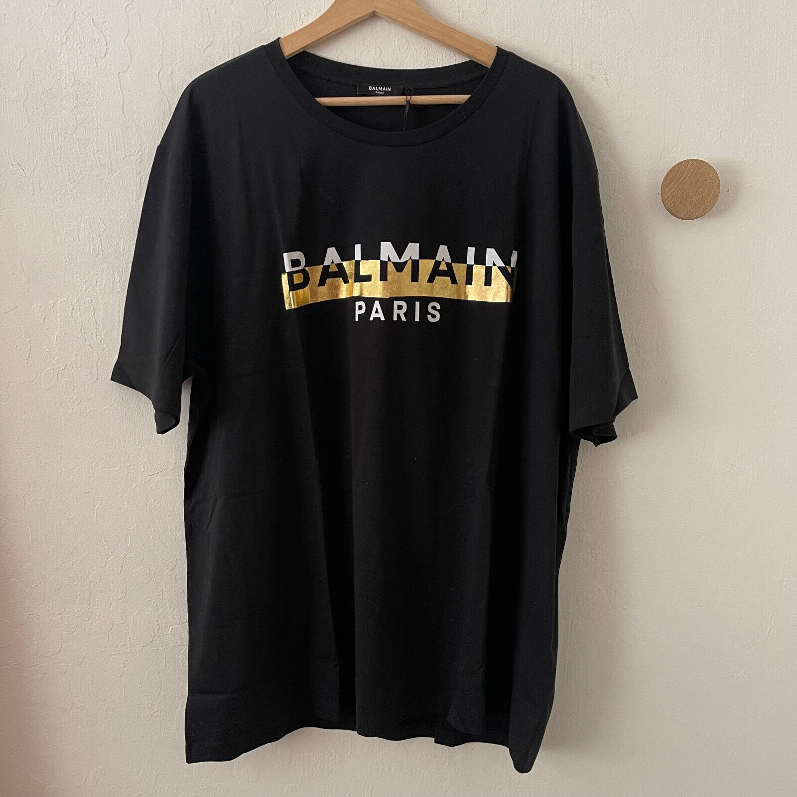 BALMAIN Gold Foil Logo Short Sleeve T-Shirt Tee Black Size XXL $550 RARE NEW |